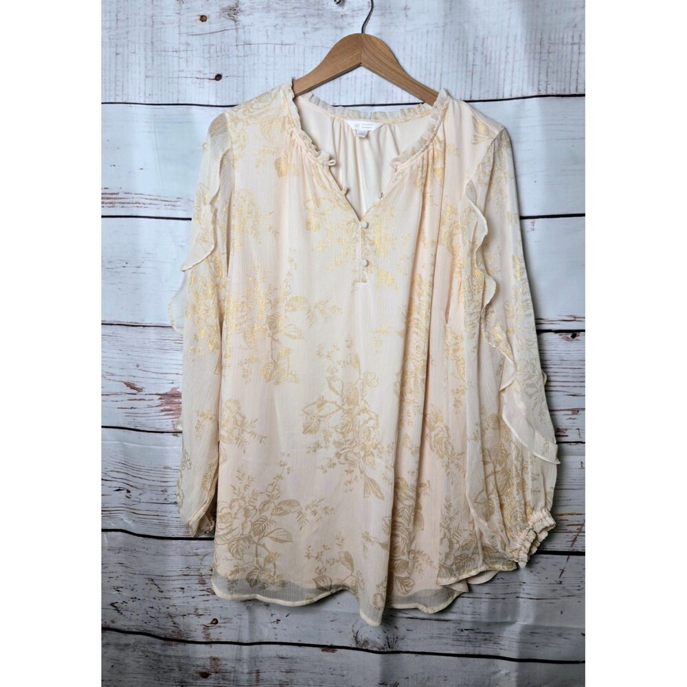 LC Lauren Conrad Womens Blouse 2x Cream Gold Floral Metallic Ruffle Sleeve Plus